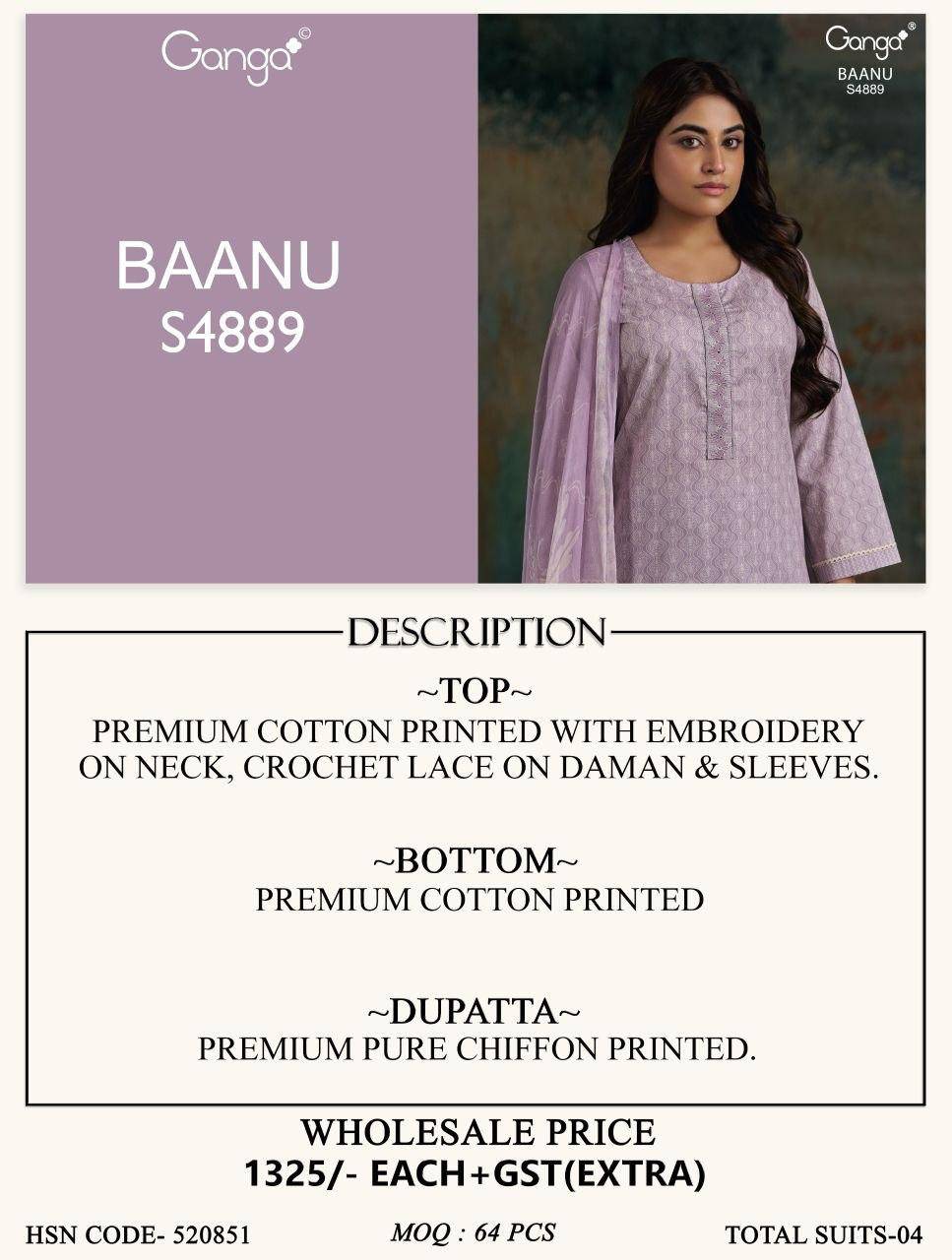 BAANU 4889 By GANGA 4889 A TO 4889 D Beautiful Festive Suits Stylish Colorful Fancy Casual Wear & Ethnic Wear PREMIUM COTTON Dresses At Wholesale Price